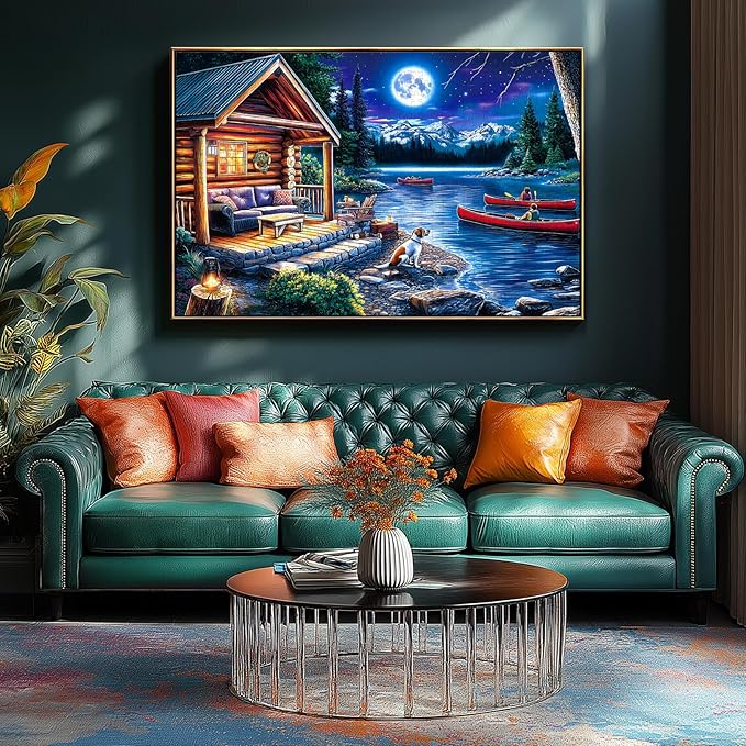 Puzzles for Adults 1000 Pieces, Moonlit Canoe Lake Cottage Landscape Jigsaw Puzzle for 1000 Pieces Perfect for Challenging Game Nights, Finished Size 27.5"x19.7"