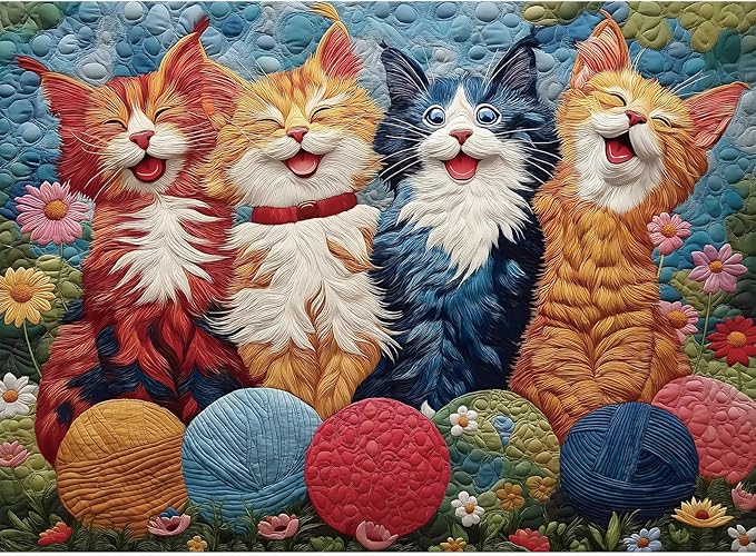 Puzzles for Adults 500 Pieces - Joyful Cat, Quilted Patchwork Artwork Style, Impossible Cat Jigsaw Puzzles, Finished Size 20.47 * 14.96”, with 1:1 Poster, Letter on The Back
