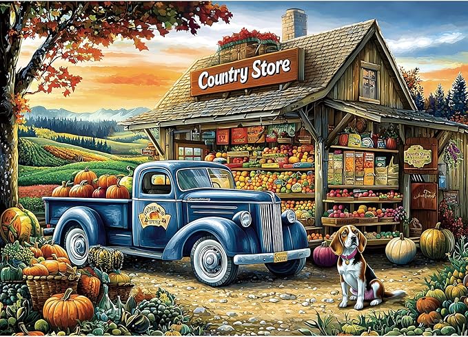 Puzzles for Adults 1000 Pieces, Country Store Fall Puzzles 1000 Pieces Pumpkins Fruits and Vegetables with Vintage Truck Rustic Jigsaw Puzzle for Adults Challenging Game, 27.5 x 19.7 Inches