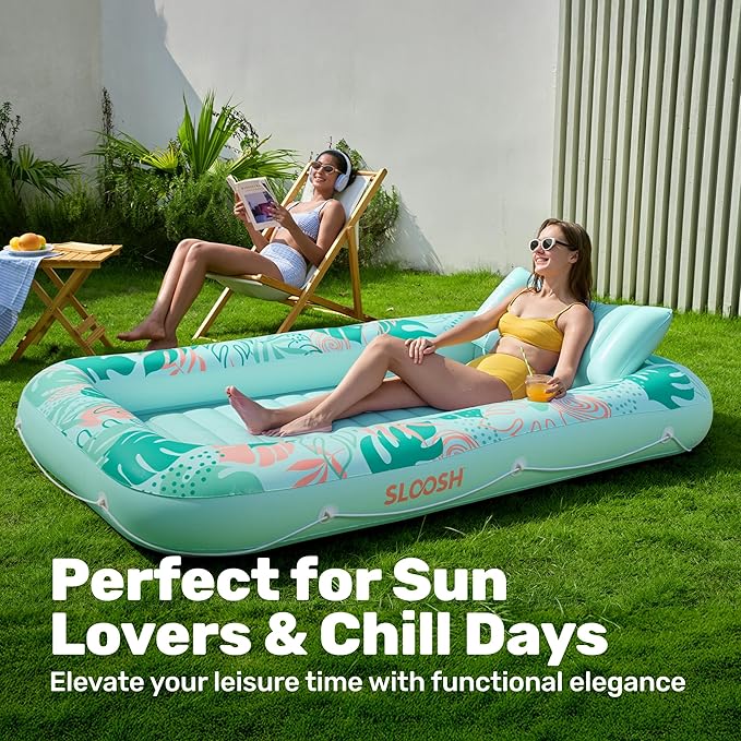 SLOOSH Inflatable Tanning Pool Lounger Float, 85" x 57" Pool Floats Adult with Pillow, 4 in 1 Suntan Tub Raft Floatie,Sunbathing Bed Lounge for Water Blow Up Ball Pit Party Gifts, L-Aqua Blue
