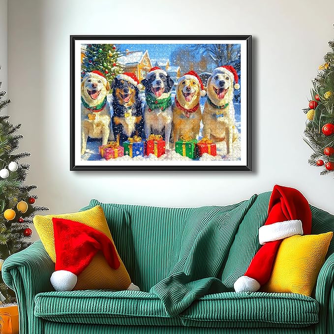 Christmas Dog Gathering 1000 Piece Puzzle for Adults, Fun Puzzles for Adults 1000 Pieces with HD Print & Poster, 27.5 * 19.7 in Dust Free, for Gifts Halloween Christmas Family Games Lovers