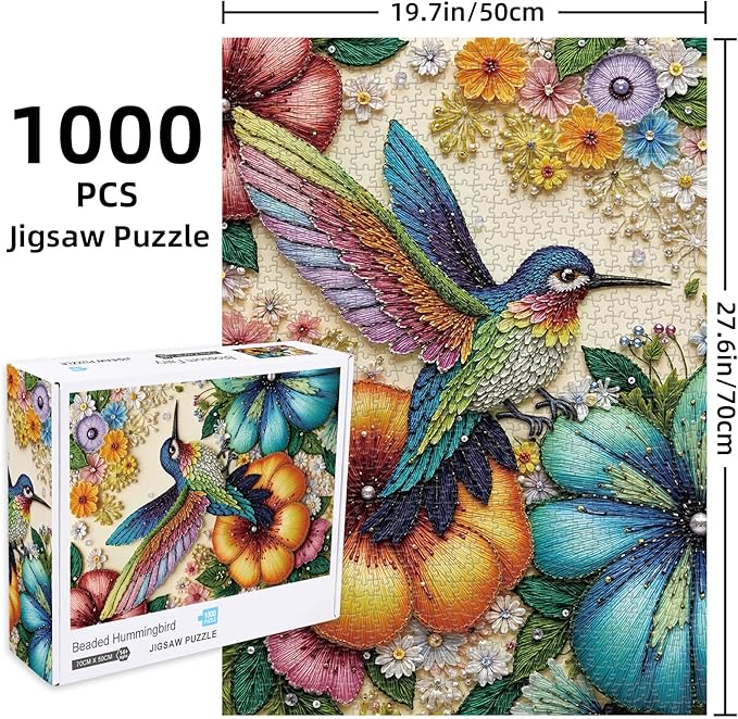 Beaded Hummingbird 1000 piece Puzzle for Adults, Sutinban Hummingbird Floral Jigsaw Puzzles, Nature Jewel Art Impossible Puzzle 1000 Pieces, Colorful Challenging Puzzles for Adults and Family Senior