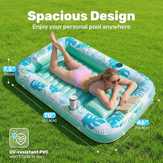 SLOOSH Inflatable Tanning Pool Lounger Float, 70" x 46" Pool Floats Adult with Pillow, 4 in 1 Suntan Tub Raft Floatie,Sunbathing Bed Lounge for Water Blow Up Kids Ball Pit Party Gifts, L-Cyan White