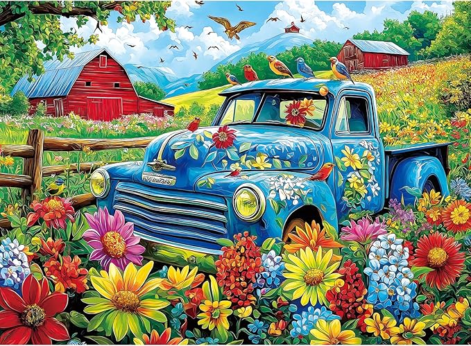 MINIWAN 500 Piece Puzzles for Adults - Vintage Blue Truck Farm Floral Jigsaw Puzzle, 23x15 Inches with Unique Shaped Pieces for Relaxation & Home Decor