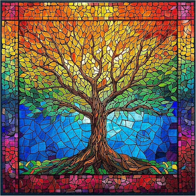 PICKFORU Stained Glass Puzzles for Adults 1000 Pieces and up, Mosaic Tree of Life Puzzle Unique Rainbow Puzzles, Colorful Difficult Jigsaw Puzzles for Adults