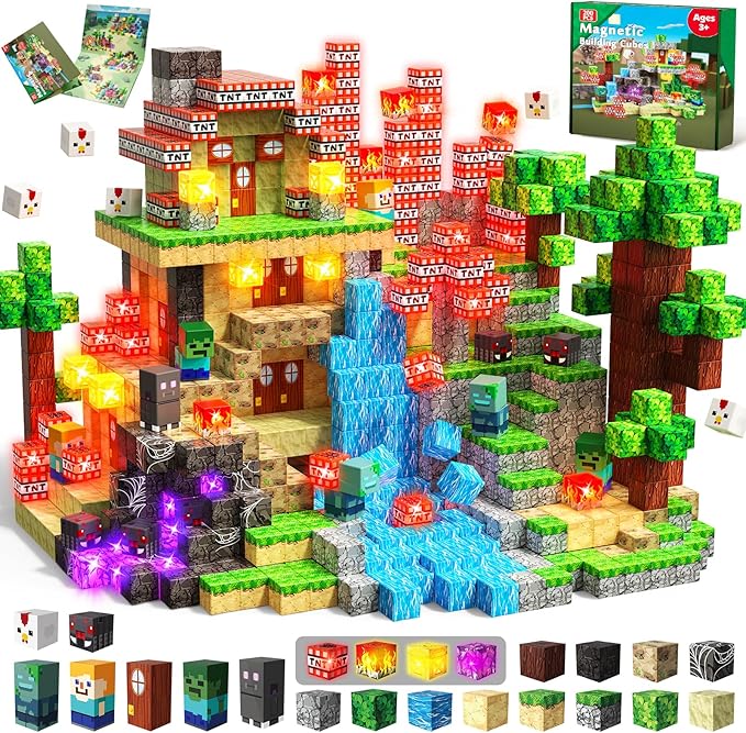 200 PCS Magnetic Blocks with Light Up Blocks - Magnetic Building Blocks, Magnetic Construction Cube Toys, STEM Sensory Learning Toys, Easter Christmas Birthday Gifts for Toddlers Boys and Girls Age 3+