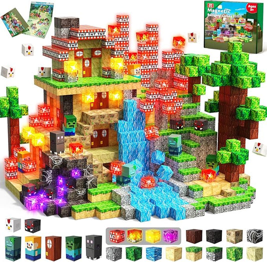 200 PCS Magnetic Blocks with Light Up Blocks - Magnetic Building Blocks, Magnetic Construction Cube Toys, STEM Sensory Learning Toys, Easter Christmas Birthday Gifts for Toddlers Boys and Girls Age 3+