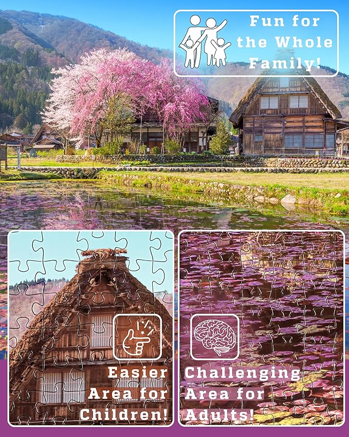 1000 Piece Puzzle for Adults - Scenic Village with Cherry Trees in Bloom, Gift-Ready Box, Letters on Back, 8 Jigsaw Puzzle Saver Sheets & Full-Size Poster by GERJATO - Ideal Gift for Loved Ones