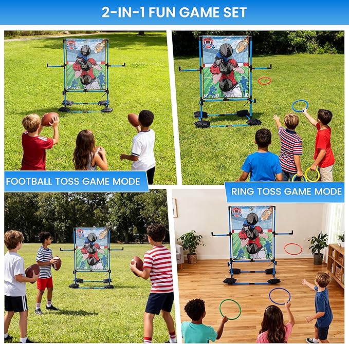 MABOZOO 2-in-1 Football Toss & Ring Toss Game Set for Kids, Dual Mode Indoor Outdoor Toys with 3 Inflatable Balls and 6 Rings, Football Throwing Target Games for Boys Girls 3-12