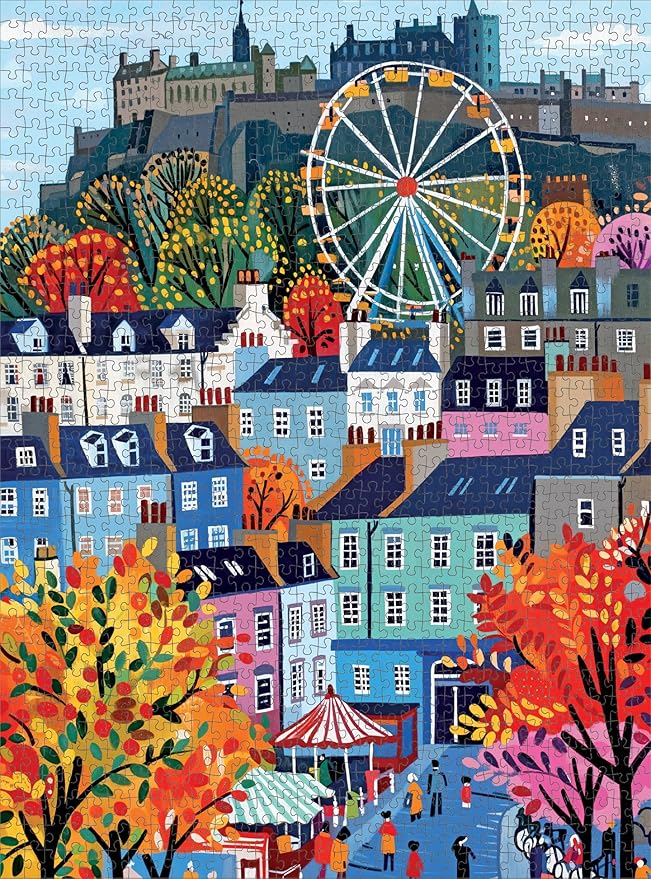 Cross & Glory – Castle & Carousel – 1000 Piece Jigsaw Puzzle for Adults | Colorful Edinburgh Folk Art Puzzle | Bright Scottish City Artwork | Premium Ribbon-Cut Puzzle with Satin Finish