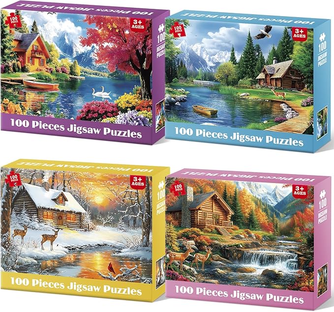 4-Pack 100 Piece Puzzles for Adults 4 Seasons Country Cottages Large Piece Puzzles for Seniors Dementia Alzheimer's Products Activities for Elderly Adults Kids Puzzle for Kids Ages 6-8 8-10