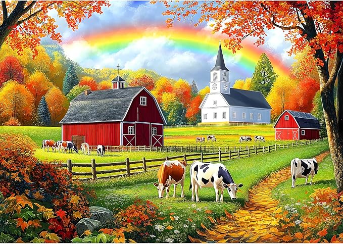 MINIWAN 500 Piece Puzzles for Adults - Farm Rainbow Cow Jigsaw Puzzle, 23x15 Inches with Unique Irregular Shaped Pieces for Relaxation & Home Wall Decor