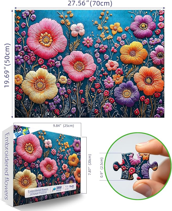 Blueforest 1000 Piece Puzzle for Adults - 3D Embroidered Floral Art, 27.5x19.7 Inches Premium Jigsaw Puzzle for Relaxation & Home Decor
