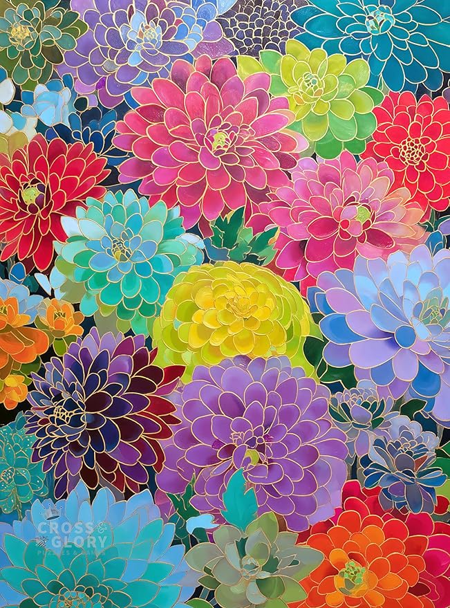 Cross & Glory – Gilded Dahlia Symphony – 1000 Piece Jigsaw Puzzle for Adults | Vibrant Floral Mosaic Art Puzzle | Gold Foil Dahlia Artwork | Premium Ribbon-Cut Puzzle with Satin Finish
