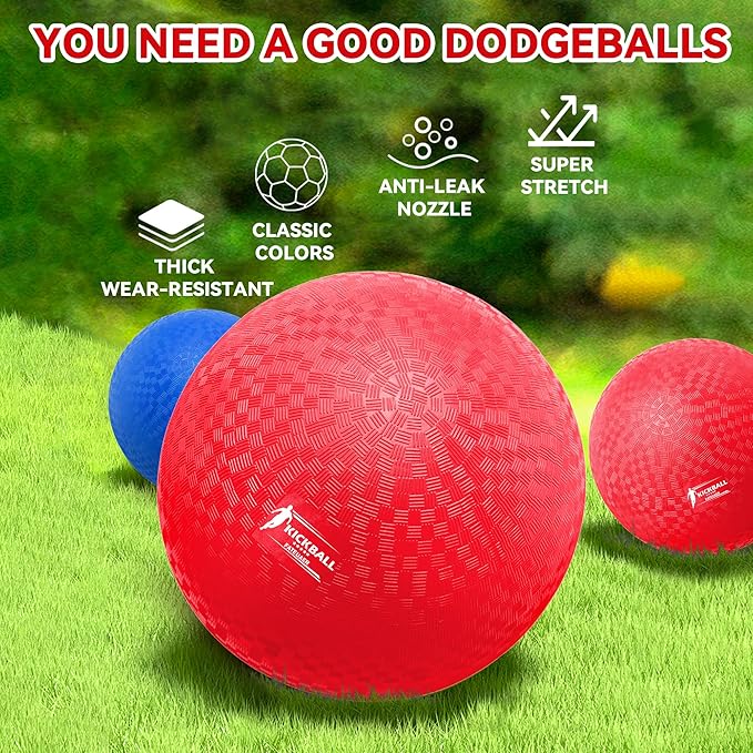 8.5 Inch Kickball Set, Dodgeballs 2 Pack, Playground Balls Gift for Kids & Adults, Bouncy Balls Includes Pump and Bag, Handball for Outdoor & Indoor Games, Official Size for Camps