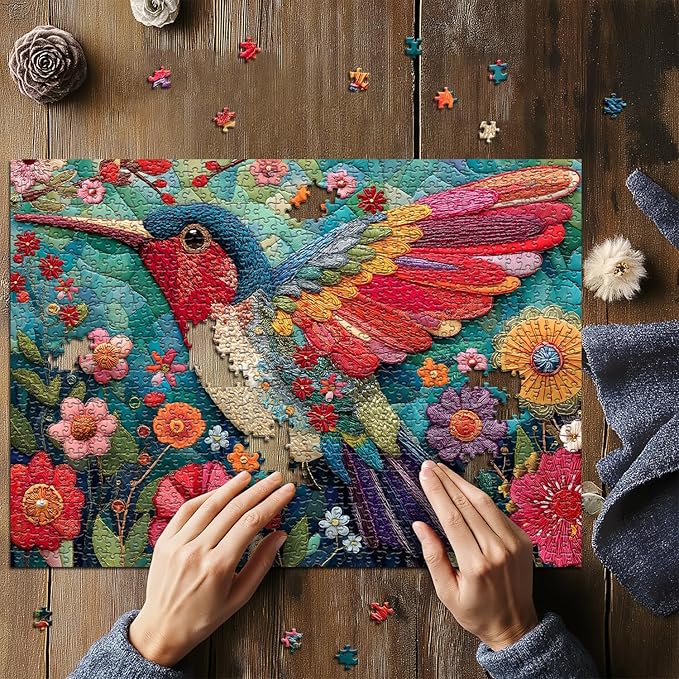 Hummingbird Puzzles for Adults 1000 Pieces, Bird Flower Garden Patchwork Art Quilt Puzzle, Beautiful Spring Floral Difficult Hard Jigsaw Puzzles with Animals, Colorful Challenging for Adults