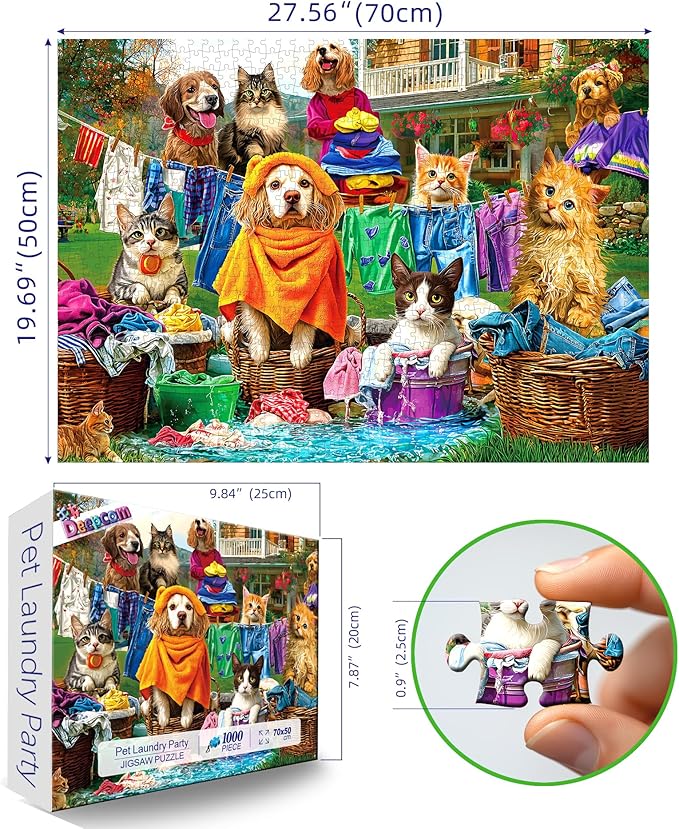 Laundry Day Jigsaw Puzzle 1000 Pieces for Adults, Dogs and Cats Theme, Puzzles for Adults 1000 Pieces Adult Entertainment Puzzle with Colorful Backyard Laundry Scene, Gifts for Easter Mother’s Day