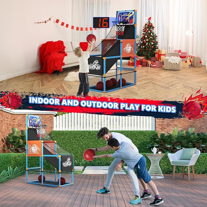 Arcade Basketball Game Set with Electronic Scoreboard&LED Light: Carnival Games Boy Toys Basketball Hoop Indoor Outdoor with 4 Balls & Air Pump Ideal Sports Toy Gifts for Kids 3-12 Years Old