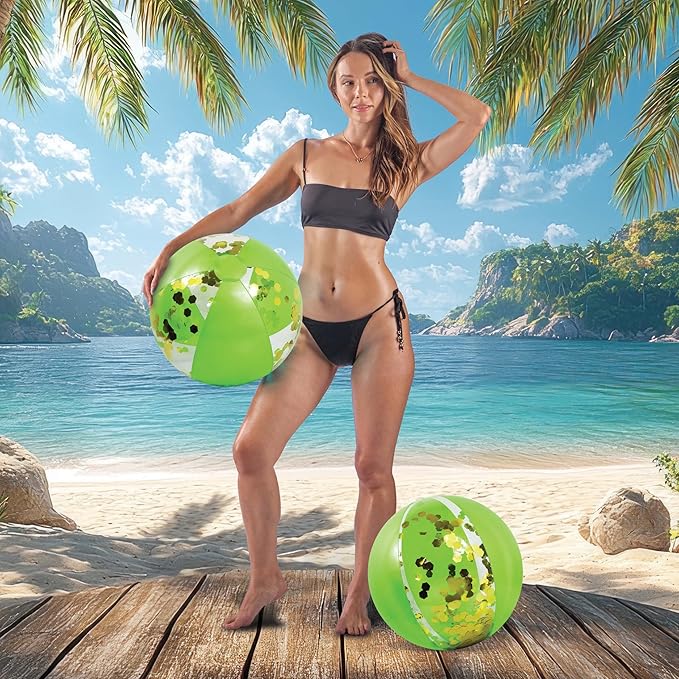 POZA Inflatable Beach Balls - Elegant Glitter Confetti Premium Floaters, Heavy Duty Vinyl Floatation Pool Toys for Pool Beach Party, UV Resistant Pool Décor