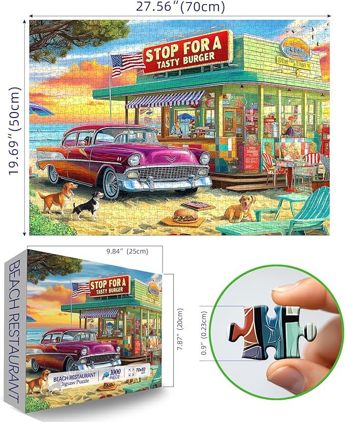 Blueforest Vintage Beach Hamburger Store 1000 Piece Puzzle for Adults & Teens - Challenging Retro Diner Jigsaw with Coastal Decor