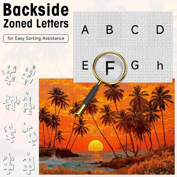 Puzzles for Adults 1000 Pieces, Tropical Sunset Beach Jigsaw with Letters on Back, Palm Trees & Ocean Waves, 28x20 Inch Wall Art, Relaxing Family Game, Easter