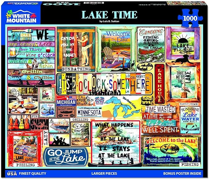 White Mountain 1000 Piece Jigsaw Puzzle Lake Lover Quote Collage Puzzles with Large Pieces Gift for Adults and Family 24"x30" - Lake Time