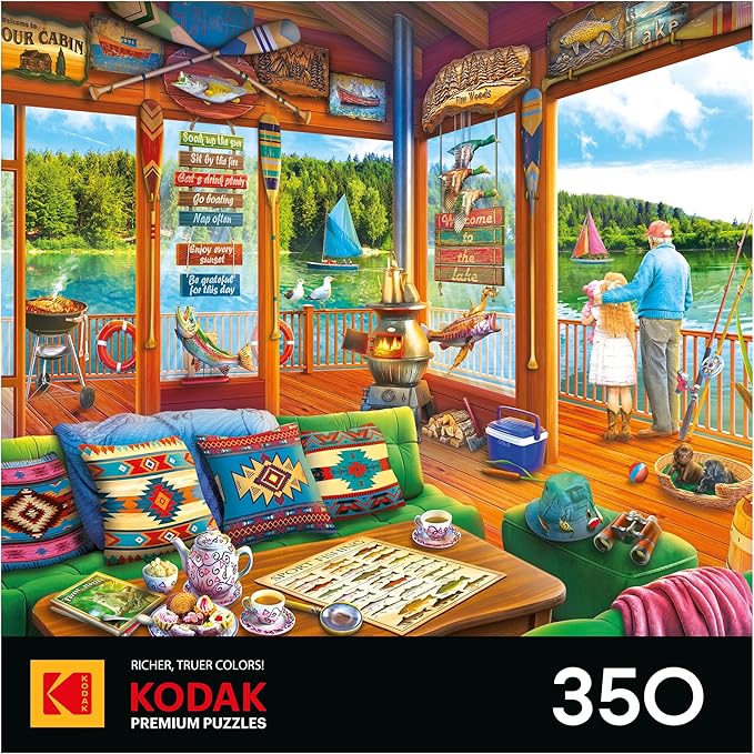 RoseArt - Kodak Premium - The Lake House 350 Piece Jigsaw Puzzle - Cozy Cabin Lake Summer Vacation Scene – Adult Puzzle – Finished Size Approx. 18" x 24", Made in USA