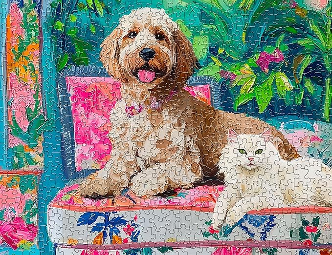 Springbok Floral Companions 500 Jigsaw Piece Puzzle for Adults - Dog and Cat Puzzle - Unique Cut Pieces - Made in USA
