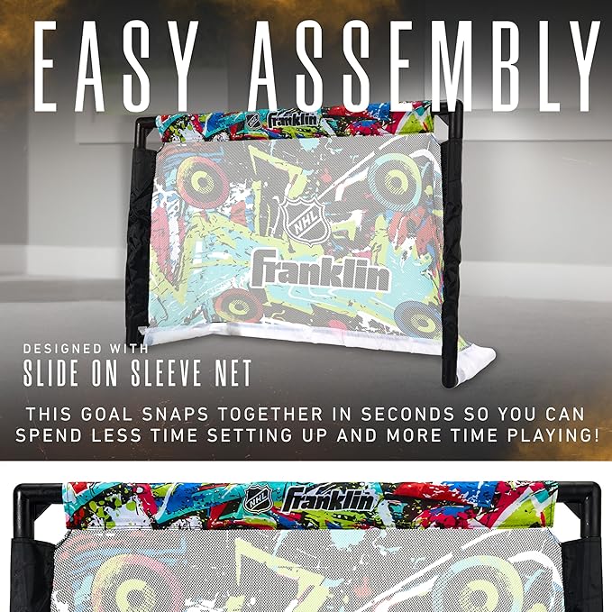 Franklin Sports NHL Kids Mini Hockey Set - Includes (1) Knee Hockey Goal, (2) Mini Sticks + (2) Foam Balls - Indoor Toy Youth Goal + Sticks Set - Graffiti
