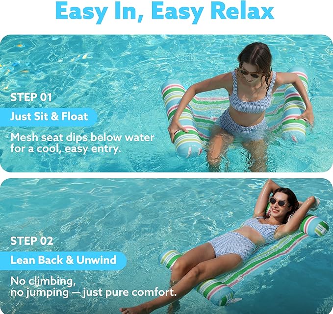 Sloosh 3 Pack 4-in-1 Inflatable Pool Floats - Water Hammock Lounges, Multi-Purpose Swimming Pool Accessories (Saddle, Lounge Chair, Drifter) for Pool, Lake, Outdoor, Beach