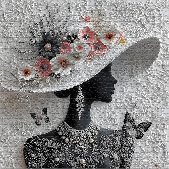 Impossible Puzzles for Adults 1000 Pieces,PICKFORU Floral Muse Puzzle Elegant Lady,Beauty Flower Woman Puzzle Black and White Pearl,Hard Challenge Jigsaw Puzzles Aesthetic