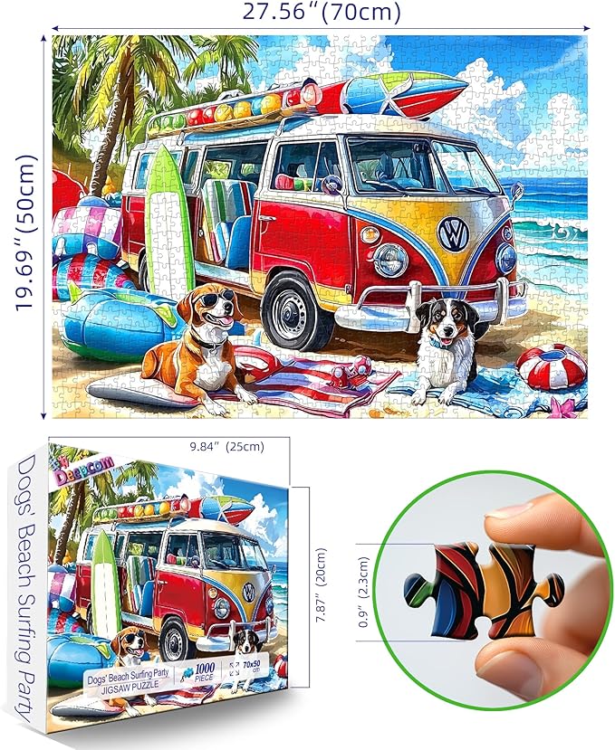 1000 Piece Jigsaw Puzzle for Adults, Summer Beach Van with Dogs Theme, 27.56x19.69 Inches, Stress Relief & Home Decor