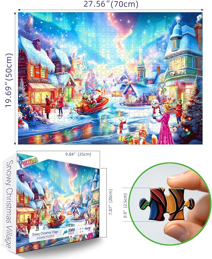 Christmas Village Puzzle for Adults 1000 Pieces, Northern Lights and Santa Snowy Jigsaw Puzzles No Dust with Snowman Holiday Party Family Fun Decor (27.5" x 19.7")