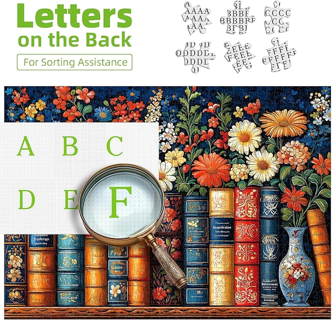 300 Piece Puzzle for Adults Vintage Books and Vibrant Flowers Jigsaw Puzzle Fun Colorful Nature Classic Library Design Puzzle with Letters on Back for Seniors Ideal Holiday