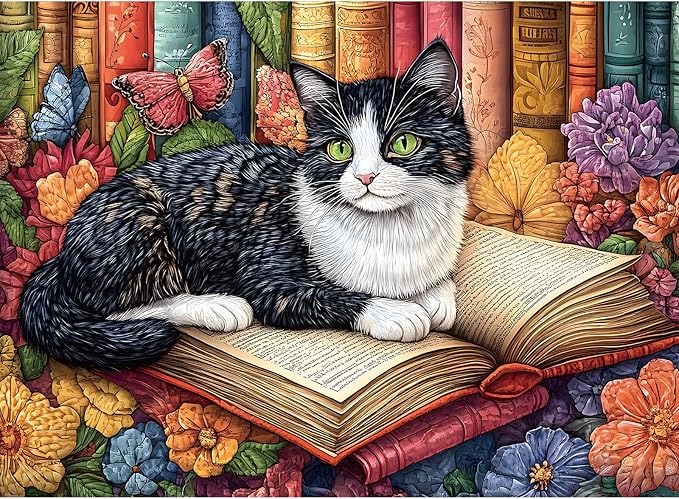 Puzzles for Adults 500 Pieces, Cat Jigsaw Puzzles - Blooming Book Cat, Impossible Book Art Puzzles for Seniors Family, 20.47x14.96 inches, 1:1 Poster, Letter on The Back