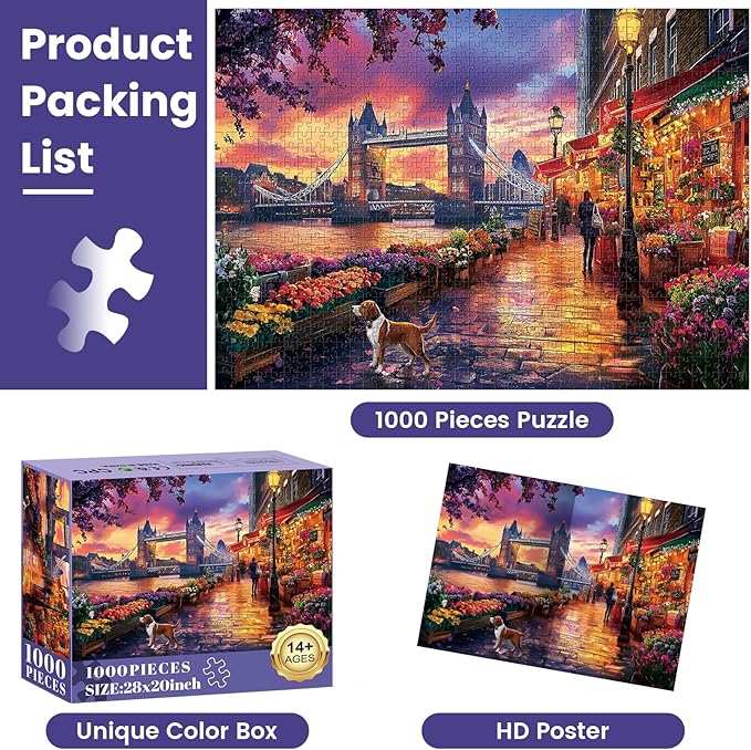 1000 Piece Puzzle for Adults, Tower Bridge of London Puzzles, Street Scenes Jigsaw Puzzles 1000 Pieces, Fun Landscape Puzzle for Adults Kids Seniors,Challenging Family Game Great Gift Idea, 28*20 in