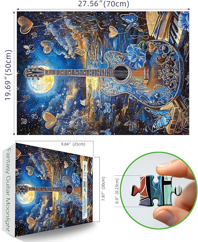 MINIWAN 1000 Piece Jigsaw Puzzles for Adults- Fantasy Guitar Moonlight Puzzle - Blue Night Sky with Butterflies Challenging Puzzles for Gifts Party Games Family Fun, Puzzle Size 27.55 * 19.68 in
