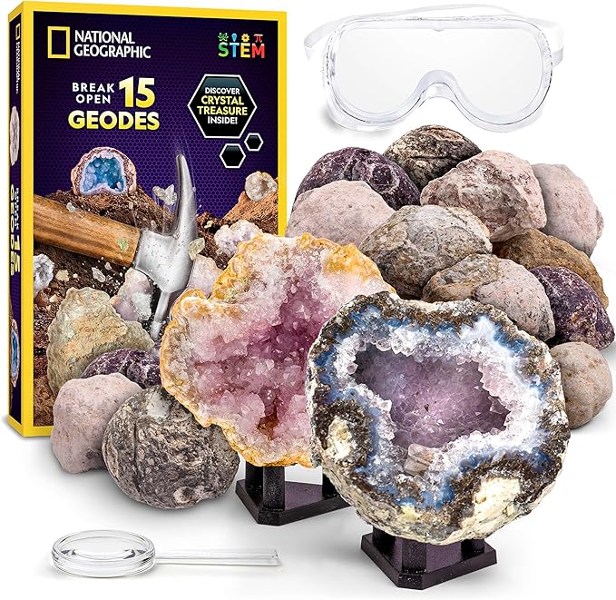 National Geographic Break Open 15 Premium Geodes for Kids - Science Kit with Goggles, Detailed Learning Guide, 3 Display Stands, Great STEM Science Toy & Educational Gift, Easter Basket Stuffers