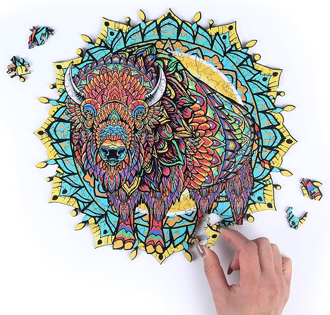 ESTROSO Wooden Puzzles for Adults - American Bison 200 Piece Wood Jigsaw Puzzle - 11.2x10.9 Inches - Giftable Storage Box and Carrying Bag - Unique Puzzles - Custon Art Jigsaw Puzzles