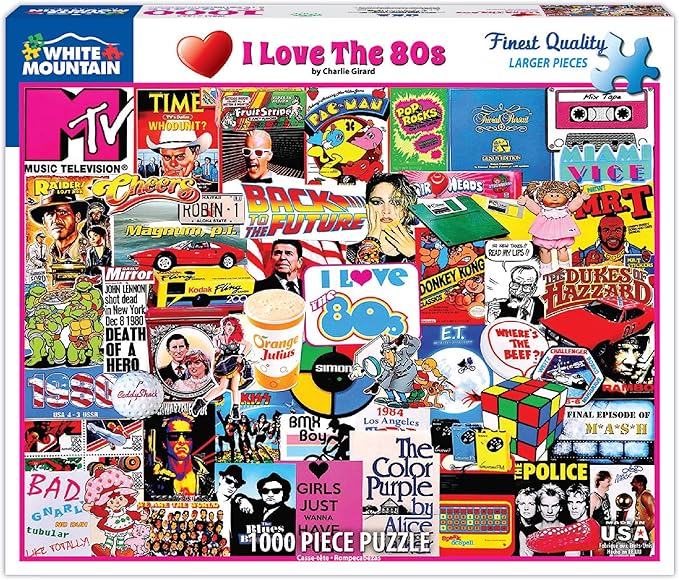 White Mountain 1000 Piece 80's Jigsaw Puzzle Unique Iconic Collage Puzzle with Large Pieces Gift for Adults and Family 24"x30" - I Love The 1980's