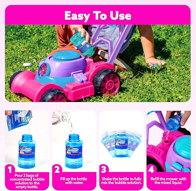SLOOSH Bubble Lawn Mower Toddler Toys - Spill-Proof Bubble Machine Pretend Gardening Toy for Age 1 2 3 1-3 Year Old Toddler Indoor Outdoor Use, Baby Girl Push Toys Easter Birthday Gift (Pink)