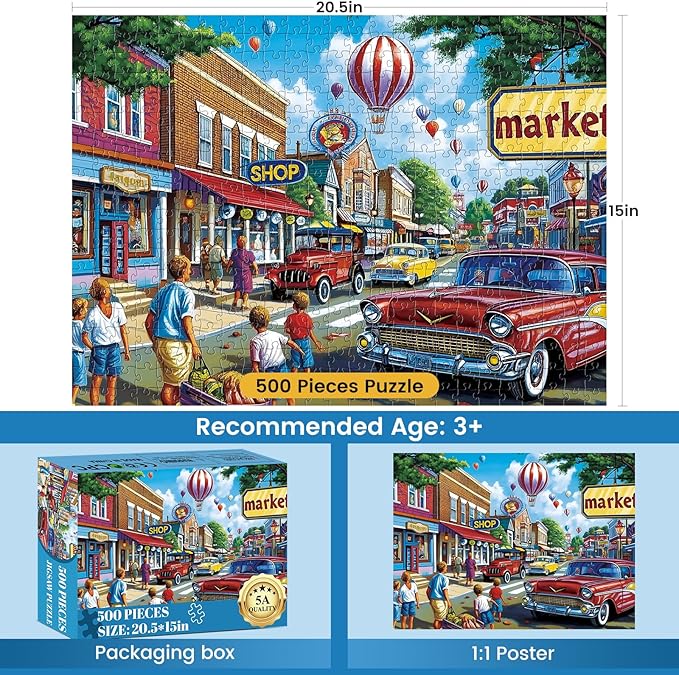 500 Piece Puzzles for Adults,Shopping Street Life Jigsaw Puzzle with Letters on Back,No Dust,Birthday and Barious Holiday Party,Challenging Family Games Gifts for Friends Men Women Seniors, 20.5*15In