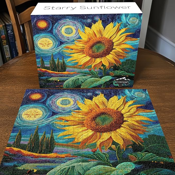 Sunflower Puzzles for Adults 1000 Pieces, PICKFORU Nature Flower Puzzle Starry Night, Impossible Hard Plant Floral Art Theme, Challenging for Adults