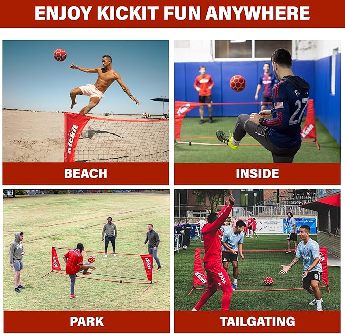 Kickit Soccer Tennis Game Set PRO, Portable 12' Wide x 3' High Net & Soft Lightweight Ball, Play Outdoors, Indoors, Backyard, Beach, Complete Skills Training & Travel Friendly