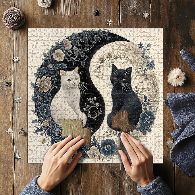 Yin Yang Cat Puzzle for Adults 1000 Pieces, Black and White Kitten Flower Animal Puzzle, Beautiful Aesthetic Art Kitty Floral Jigsaw Puzzle, Impossible Difficult Hard Challenge for Adults