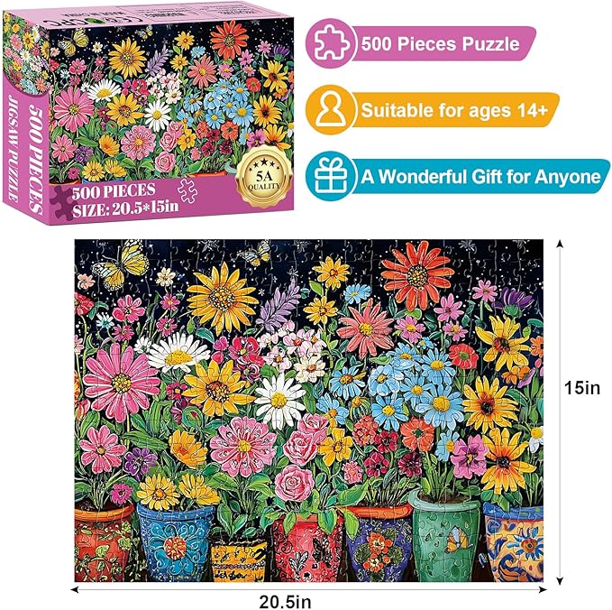 500 Piece Puzzles for Adults, Colorful Flowers Puzzle for Teens Adults Elderly, Butterfly Floral Jigsaw Puzzle 500 Pieces, Recycled Cardboard Challenging Puzzle for Game Nights Home Decor 20.5x15 in