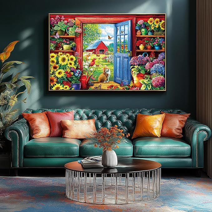 MINIWAN 500 Piece Puzzles for Adults - Farm Cat Sunflower Jigsaw Puzzle, 23x15 Inches with Unique Irregular Shaped Pieces for Relaxation & Home Wall Decor