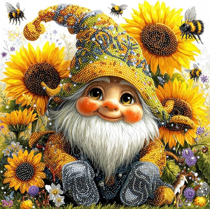 Sunflower Gnome 1000 Piece Jigsaw Puzzle for Adults - Whimsical Garden Scene with Bees & Jewels, Poster & Lettered Back, 22.8" Square HD Quality, Unique Gift for Gnome & Nature Lovers