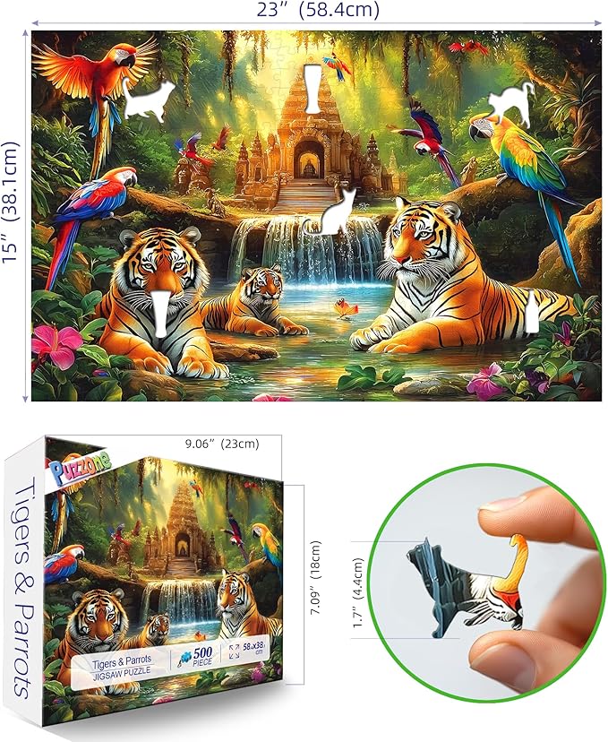 500 Piece Puzzles for Adults, Jungle Tigers & Parrots, Impossible Hard Difficult Challenging Jigsaw Puzzles for Adults 500 Pieces, Party Game Gifts Decoration (23 x 15 Inch)