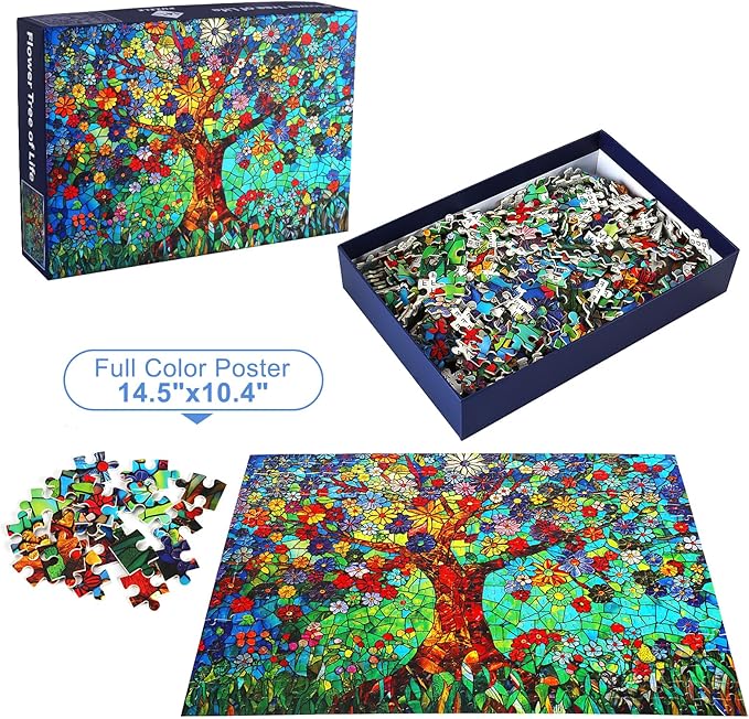 500 Piece Puzzles for Adults Stained Glass Tree of Life Flower Puzzle for Adults Colorful Mosaic Jigsaw Puzzles 500 Pieces with Letters on Back Hard Impossible Difficult Challenging Family Puzzle